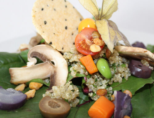 Ensalada de espinacas con quinoa, garbanzos y lentejas deshidratadas.